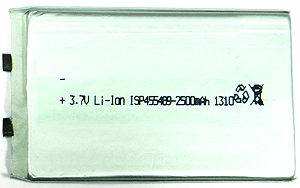Аккумуляторный элемент литий полимерный LIPO ISP455489 2.5Ah 3,7V 2,5 Ah (химический состав: LiPo, напряжение: 3,7 вольта, емкость: 2500 мАч, размер: 4,5 х 54 х 89 мм, оболочка: пластик )